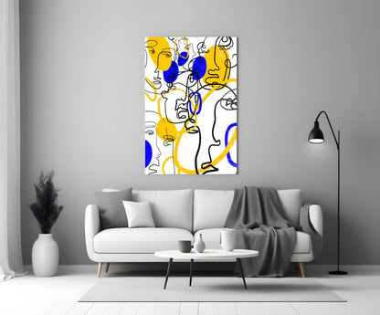 Yellow and Blue One Line Faces Glass Wall Art