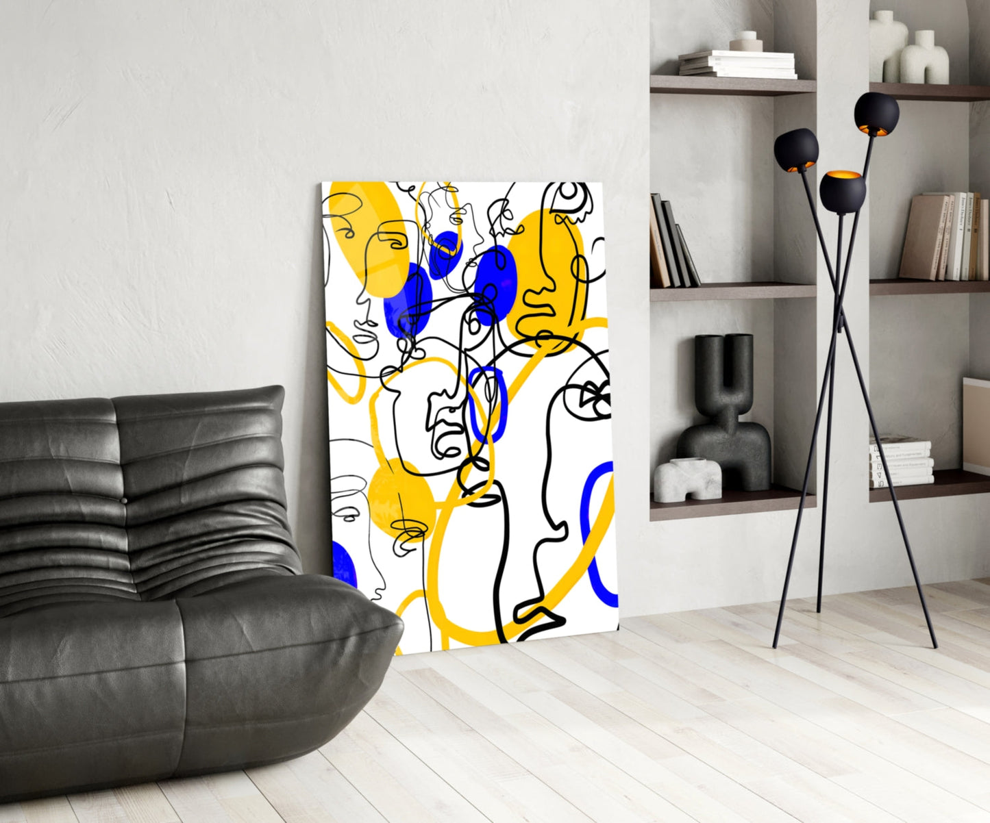 Yellow and Blue One Line Faces Glass Wall Art