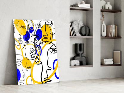 Yellow and Blue One Line Faces Glass Wall Art