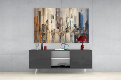 Beige and Blue Palette Knife City Bridge Glass Wall Art