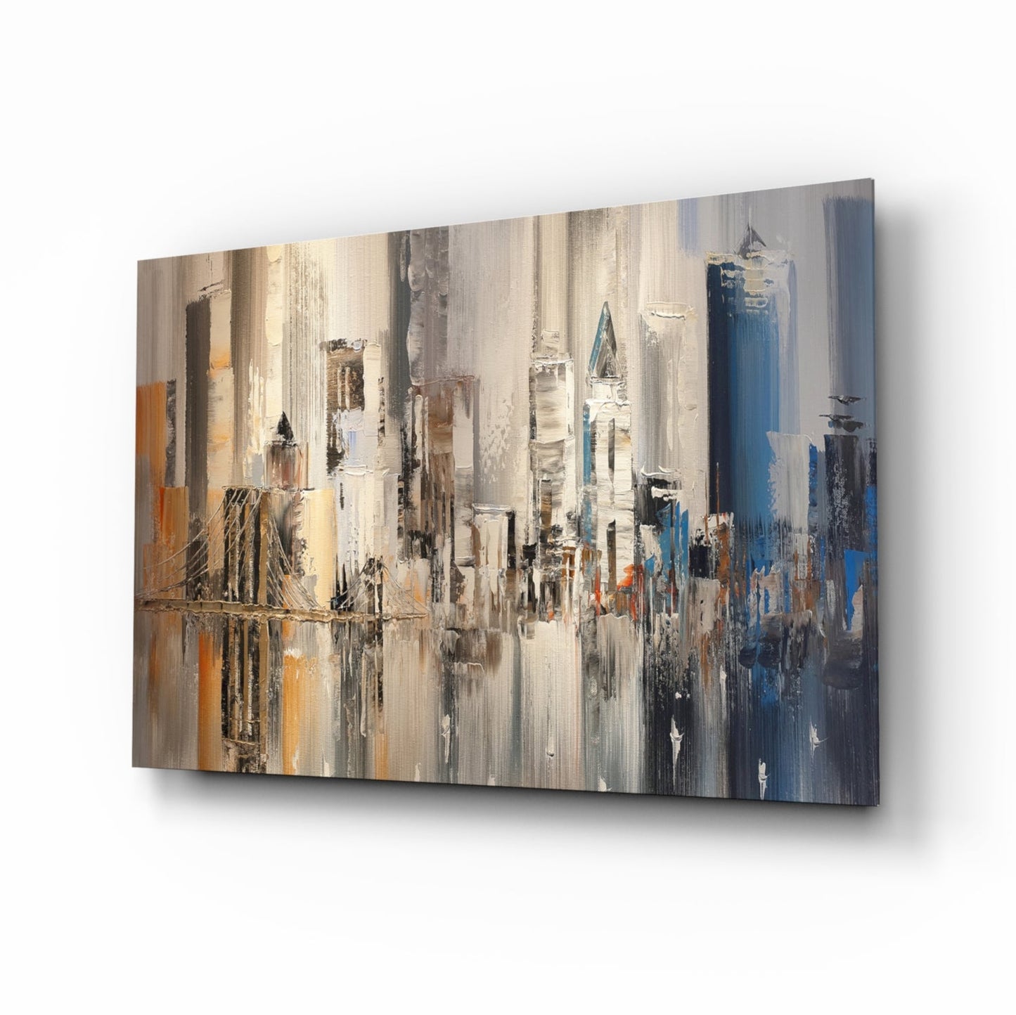 Beige and Blue Palette Knife City Bridge Glass Wall Art