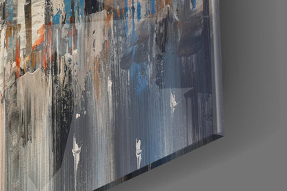 Beige and Blue Palette Knife City Bridge Glass Wall Art