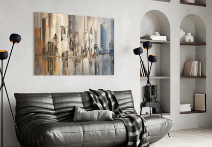 Beige and Blue Palette Knife City Bridge Glass Wall Art