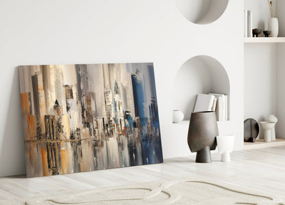 Beige and Blue Palette Knife City Bridge Glass Wall Art