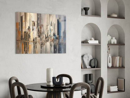 Beige and Blue Palette Knife City Bridge Glass Wall Art