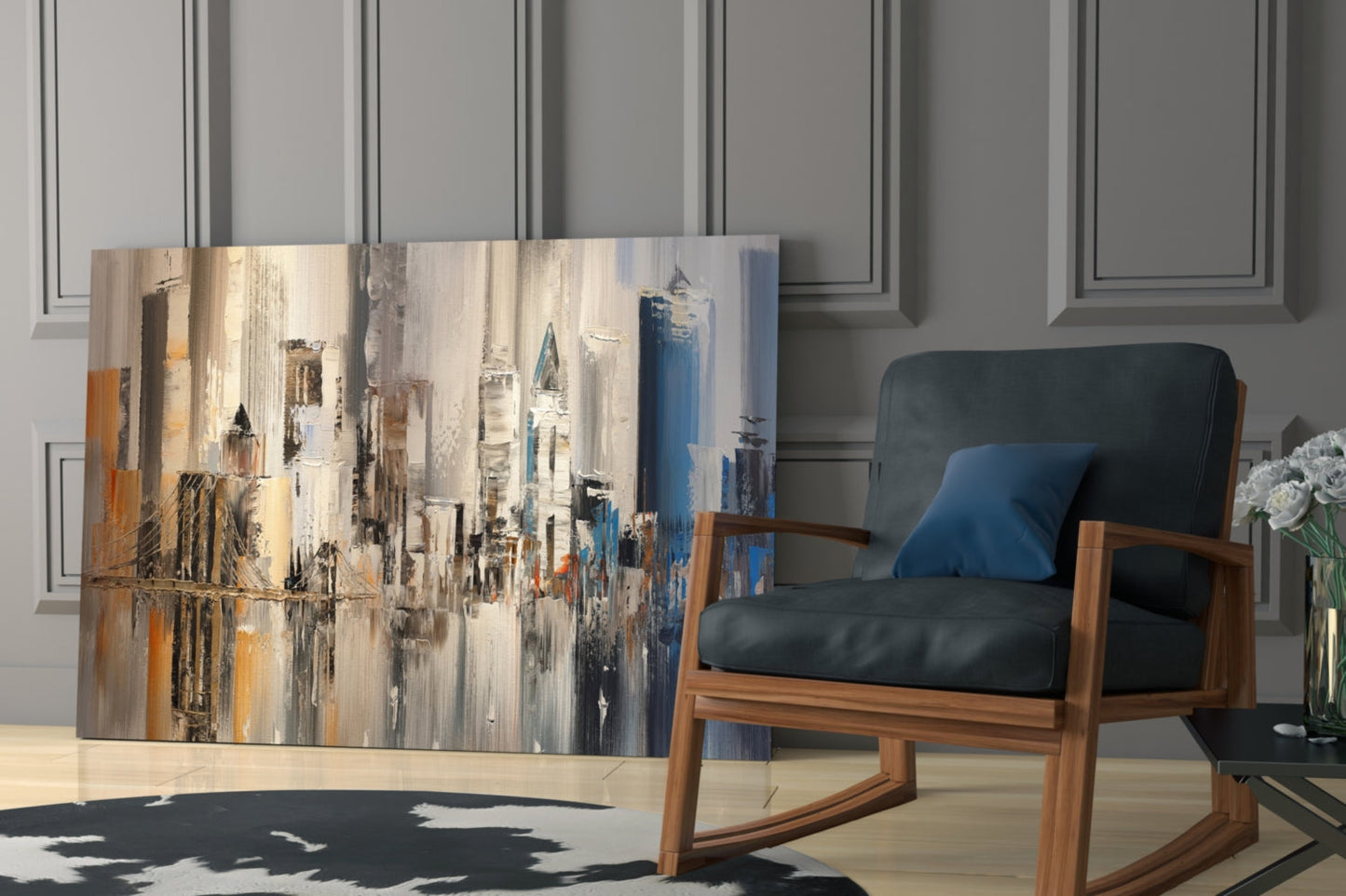 Beige and Blue Palette Knife City Bridge Glass Wall Art