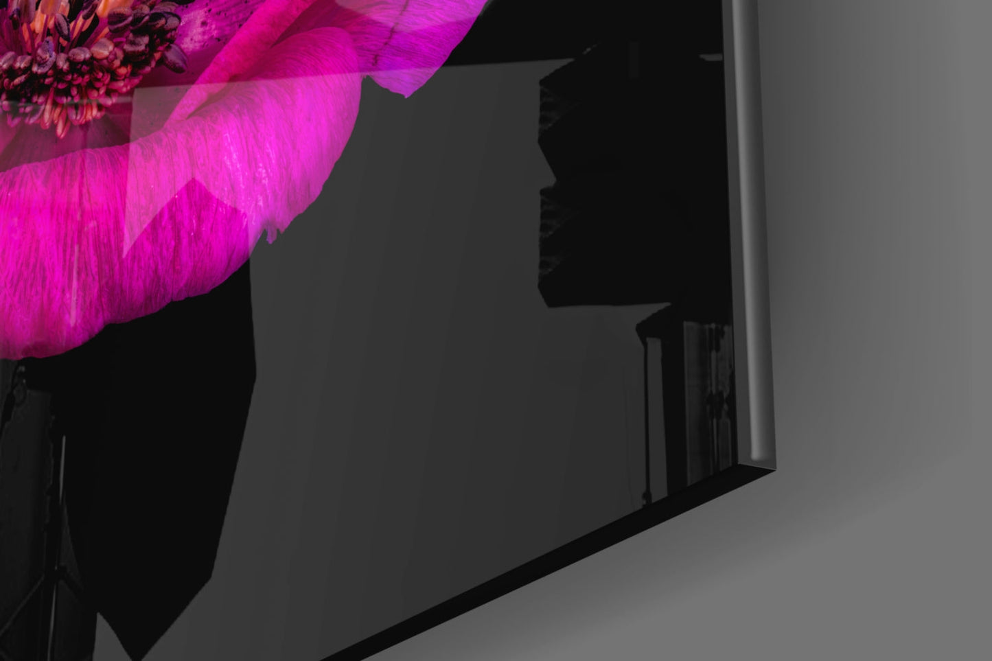 Vibrant magenta tulip glass art mounted on white wall, photographed at angle showing silhouette and illuminated petals.
