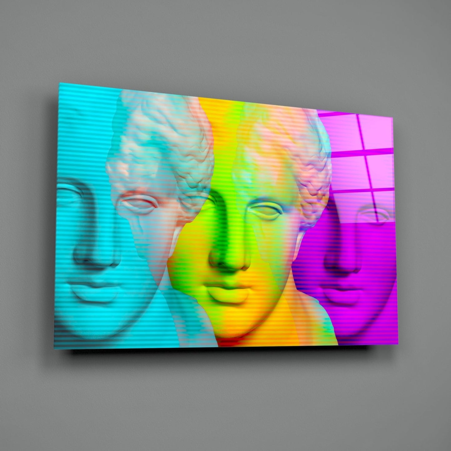 Three classical stone busts displayed on a glass panel with vibrant cyan, yellow, lime green, and magenta color blocking and horizontal scan lines.