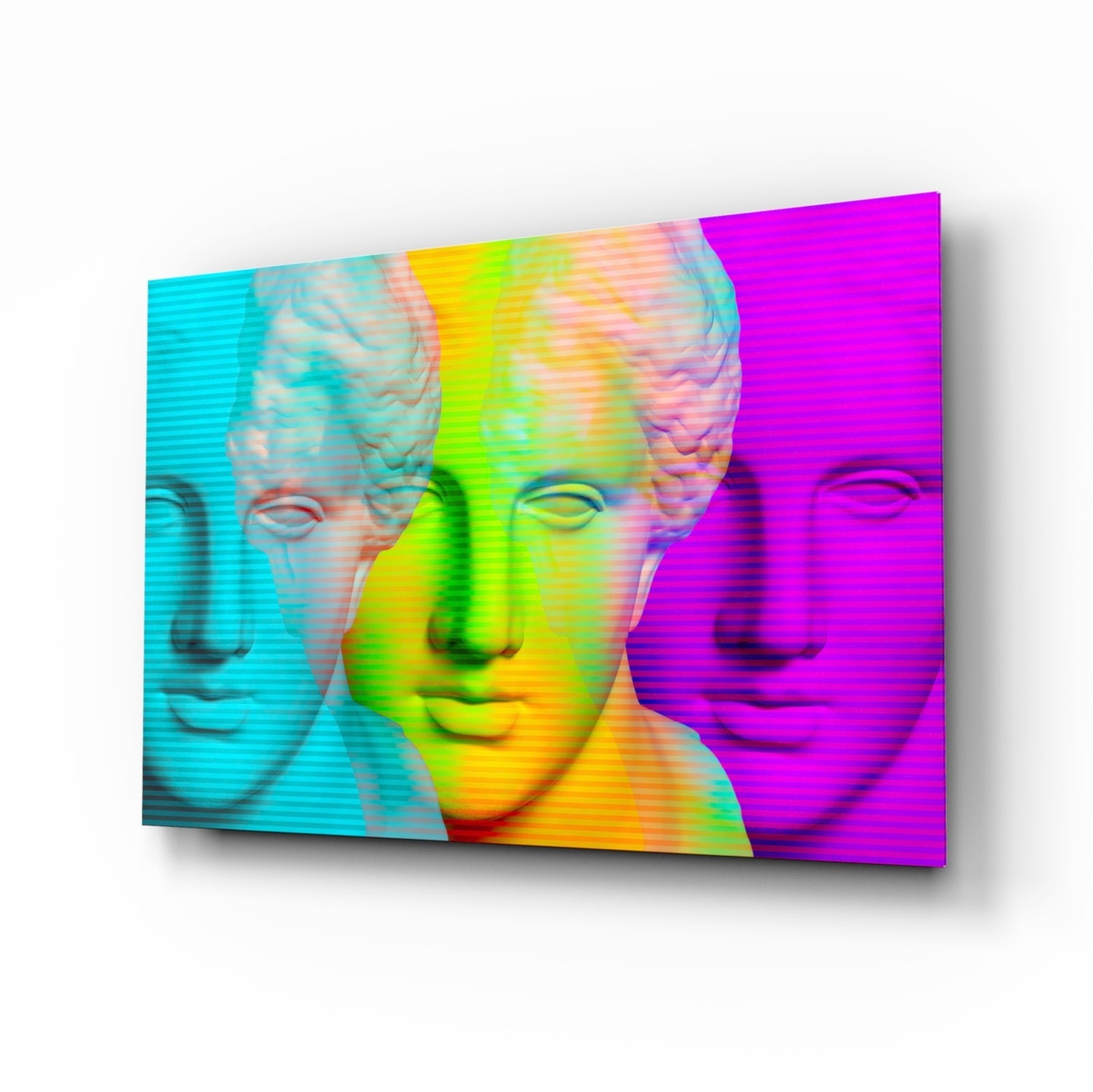 Three classical busts in cyan, lime-yellow, and magenta with horizontal scan lines on glass wall art, angled perspective view.