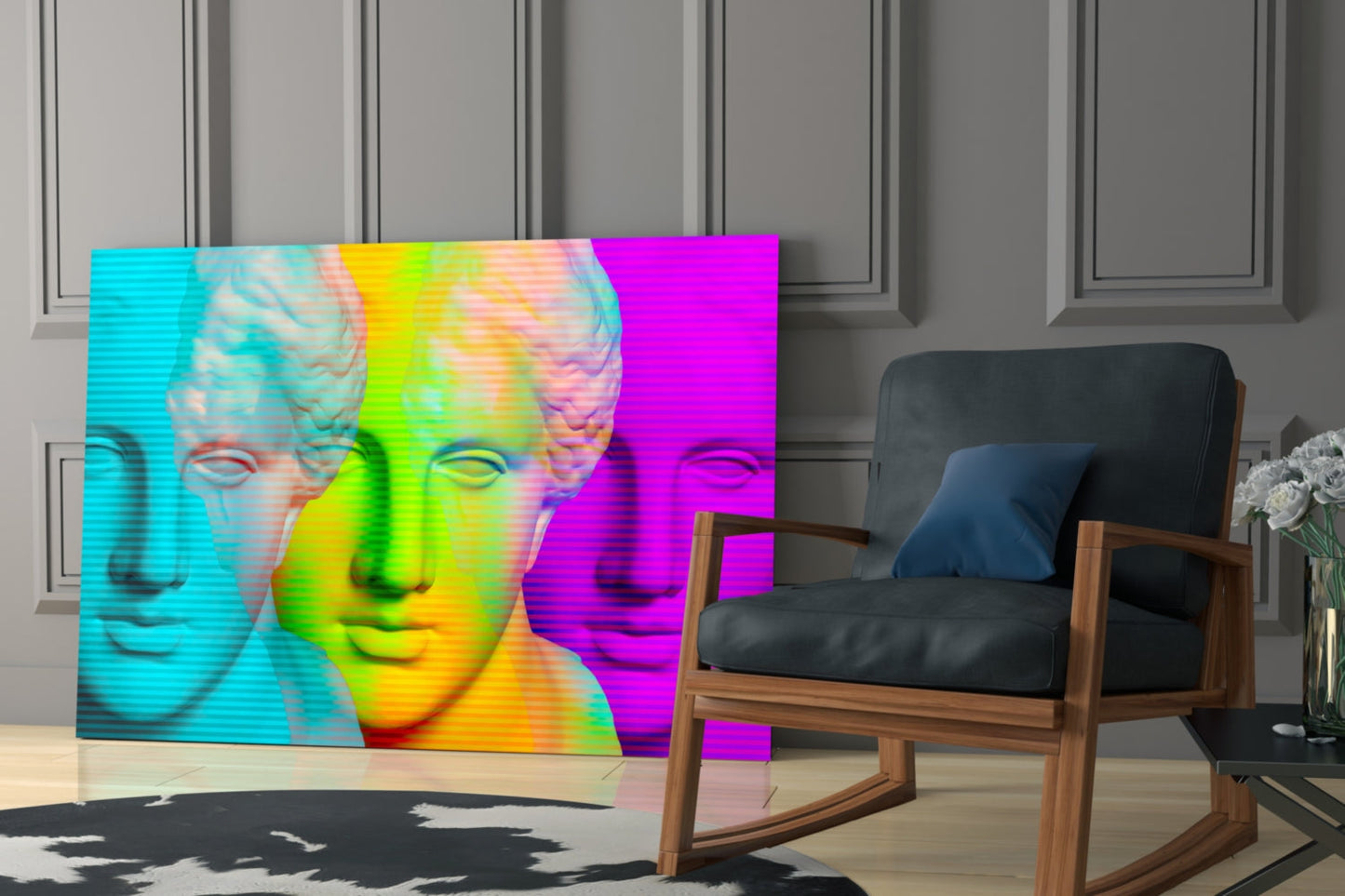 Vibrant pop art glass wall panel featuring four colorful classical busts in cyan, yellow, green, and magenta with scan line effect, displayed in modern interior.