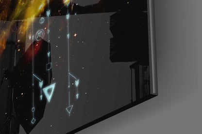 Illuminated glass wall art displaying glowing cyan geometric shapes and symbols suspended against a dark starry background, installed in modern interior space.