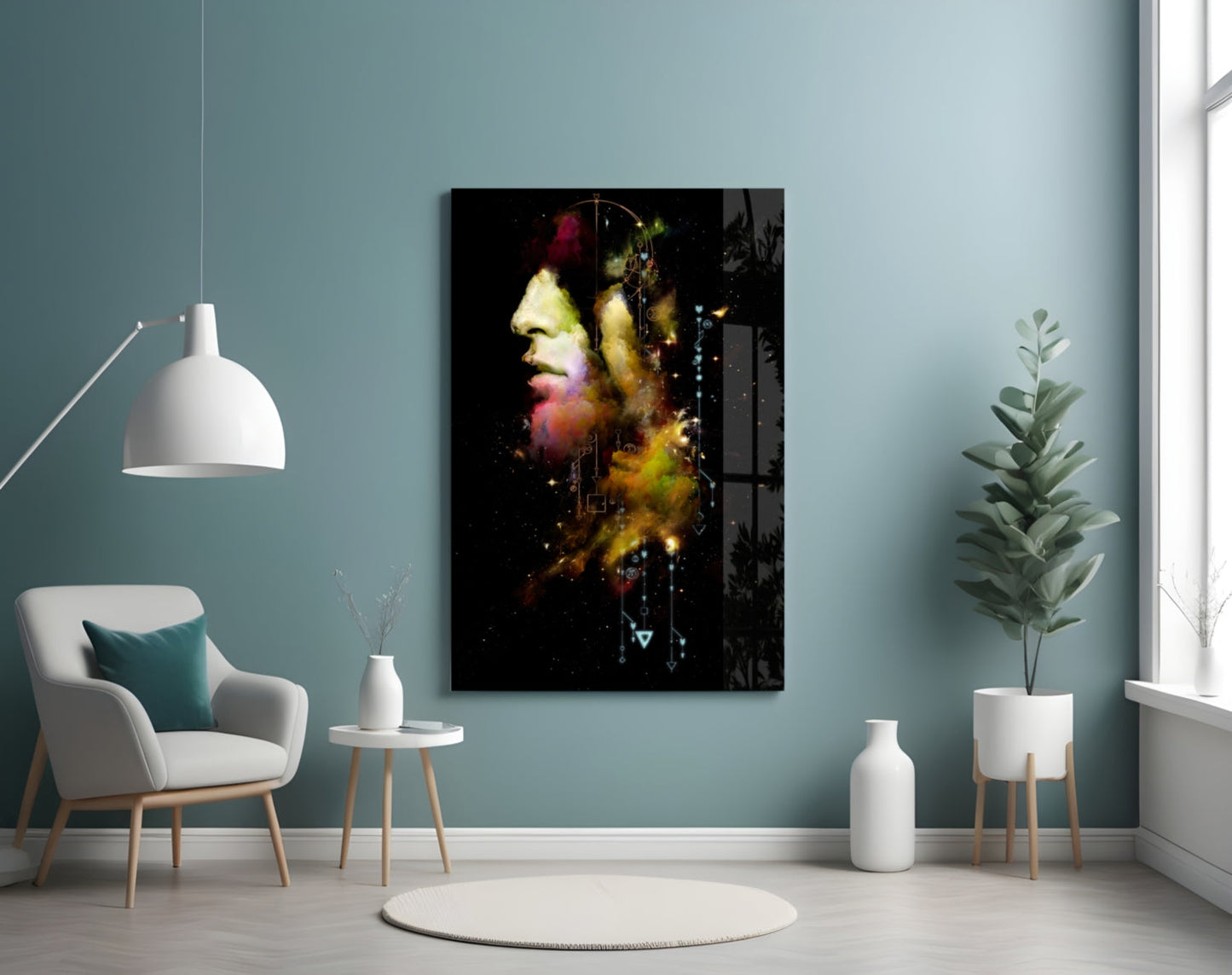 Abstract portrait glass wall art with colorful overlapping profiles and geometric elements displayed in modern room setting.