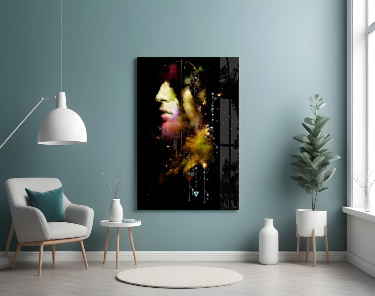 Abstract portrait glass wall art with colorful overlapping profiles and geometric elements displayed in modern room setting.