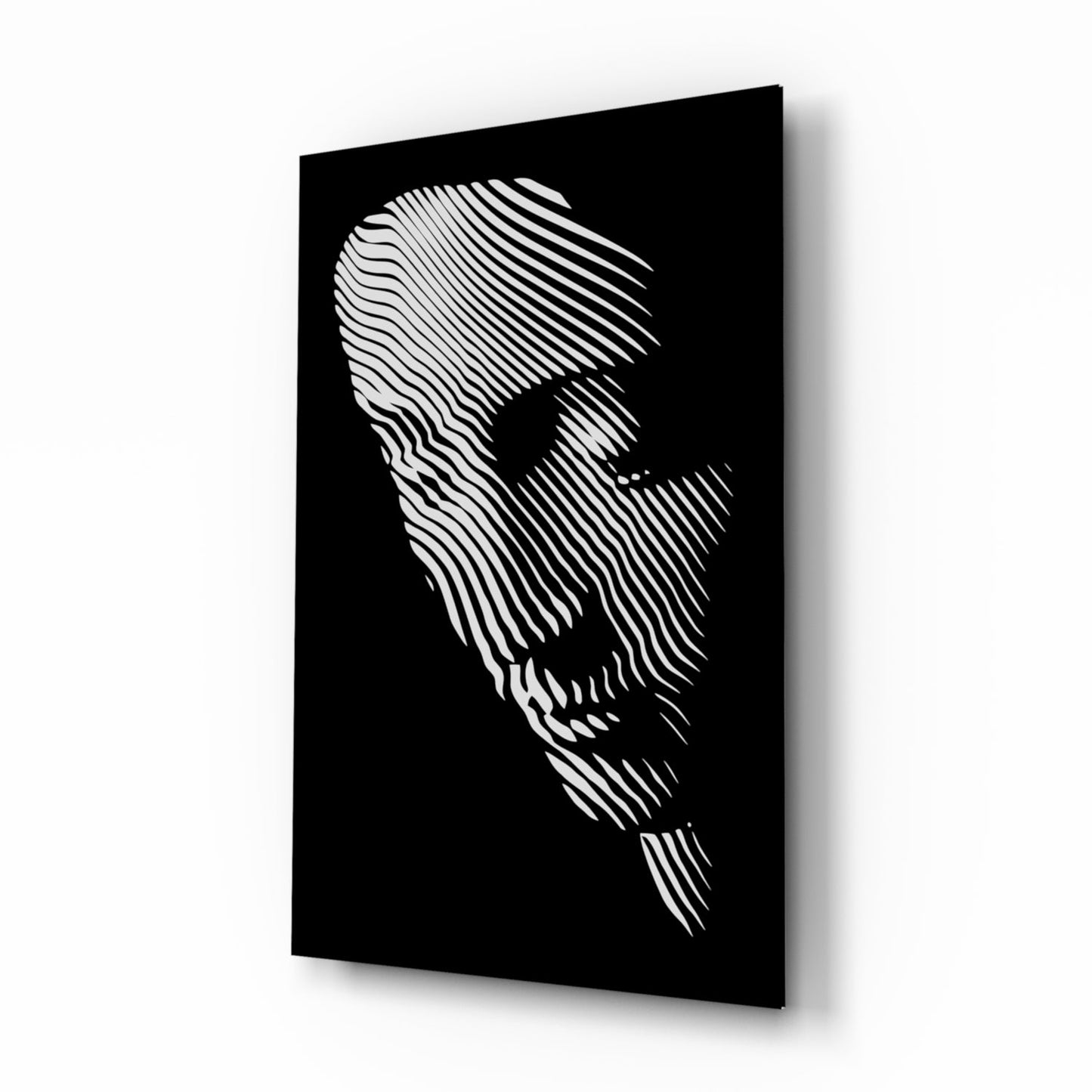 Black glass panel displaying white linear striped portrait of bearded man in three-quarter profile view.