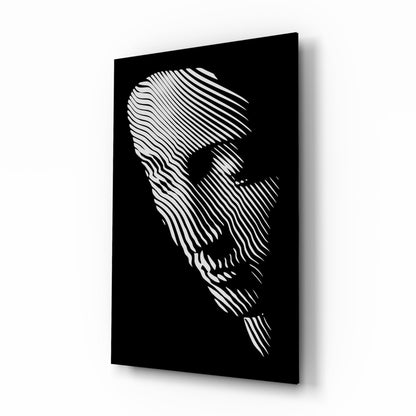 Black glass panel displaying white linear striped portrait of bearded man in three-quarter profile view.