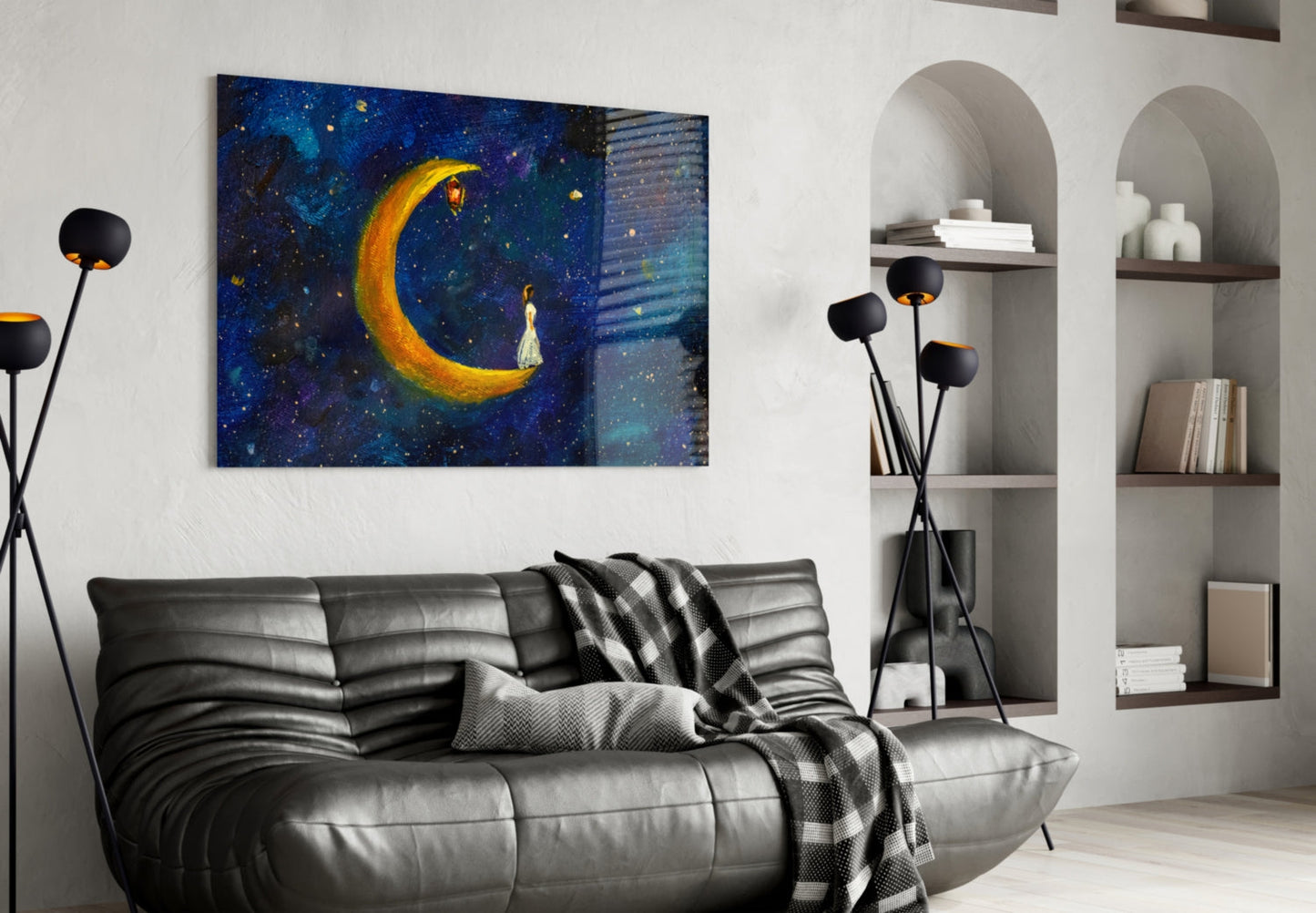 Moon House Glass Wall Art displayed above black leather sofa in modern living room with arched shelving.