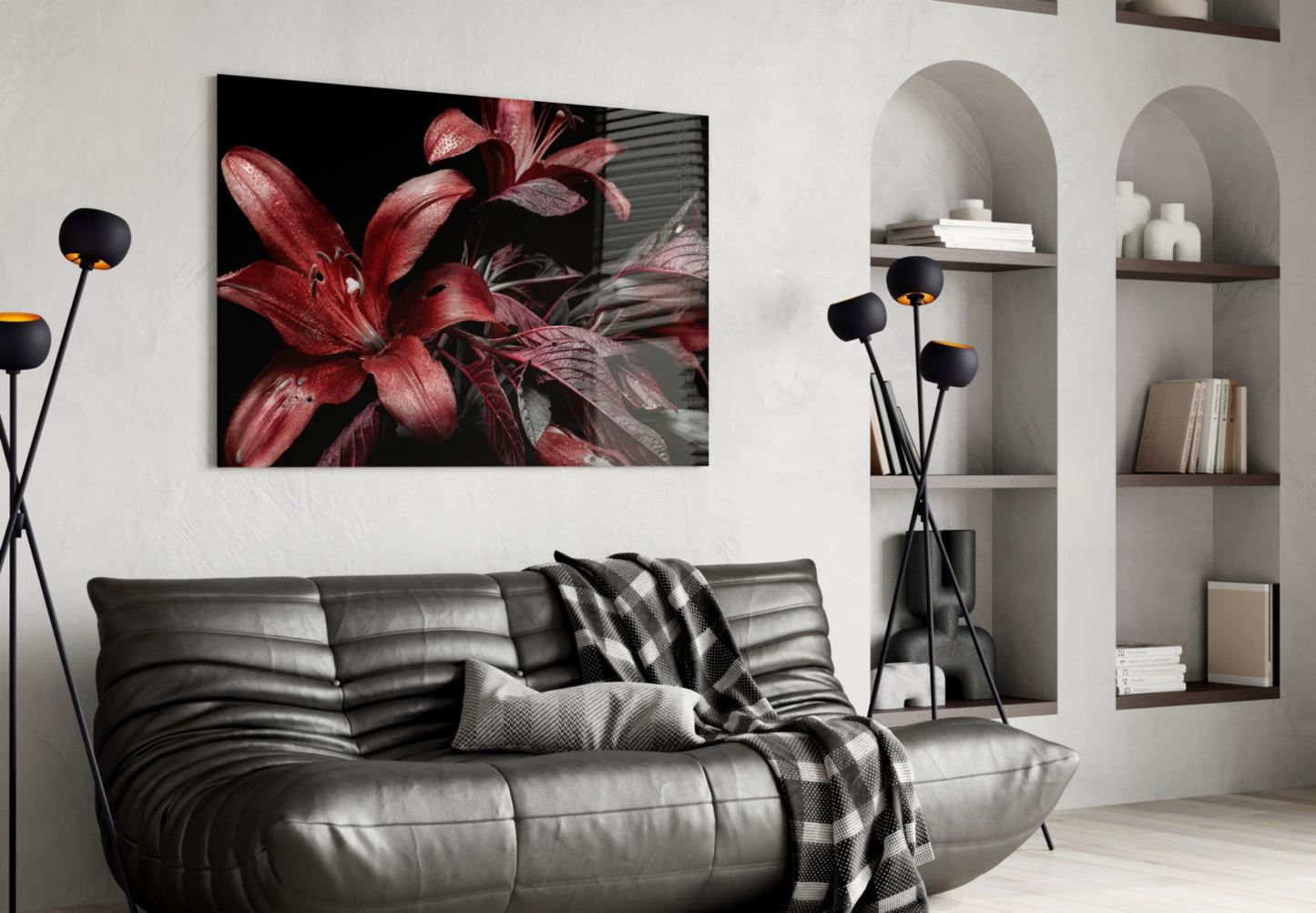 Crimson Dewy Lilies on Black Glass Wall Art