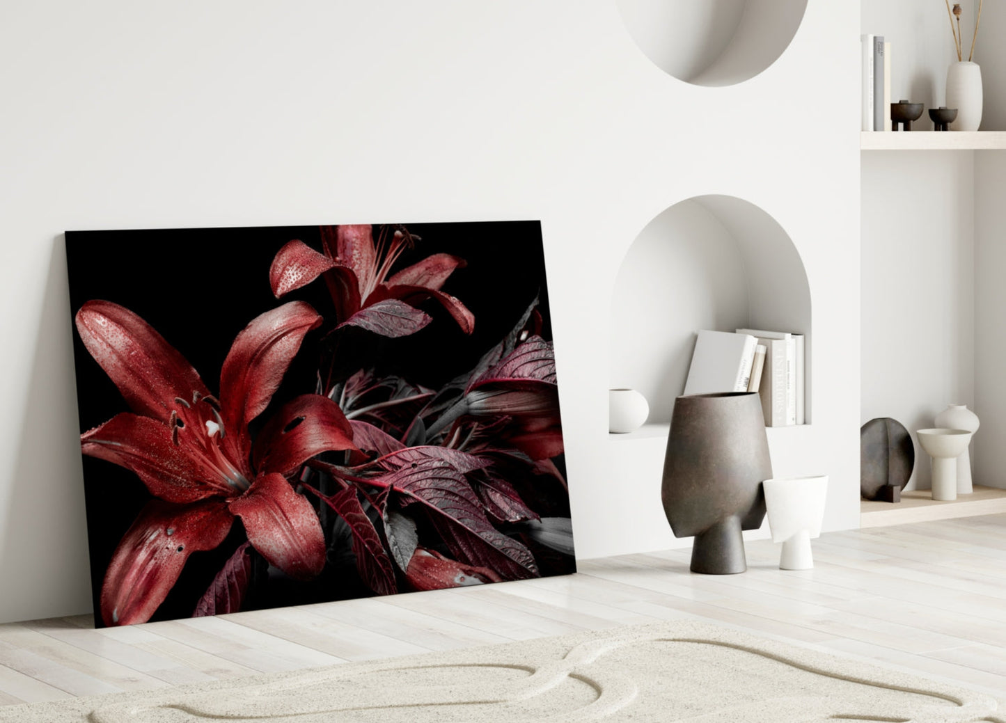 Crimson Dewy Lilies on Black Glass Wall Art