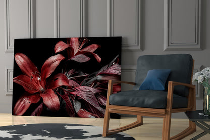 Crimson Dewy Lilies on Black Glass Wall Art
