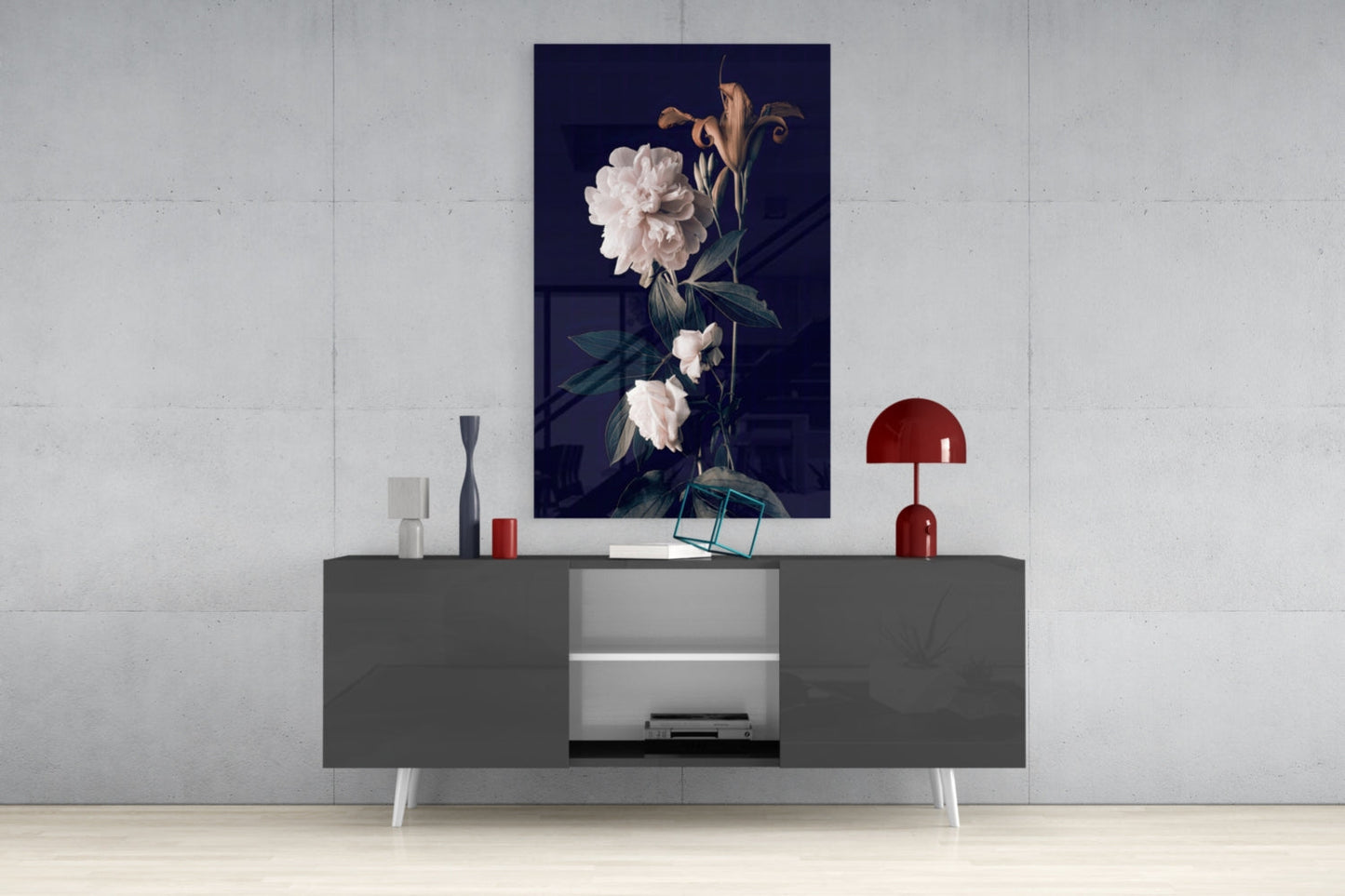 White Rose Glass Wall Art displayed above gray media console with dark navy background, flanked by red lamp and decorative objects.