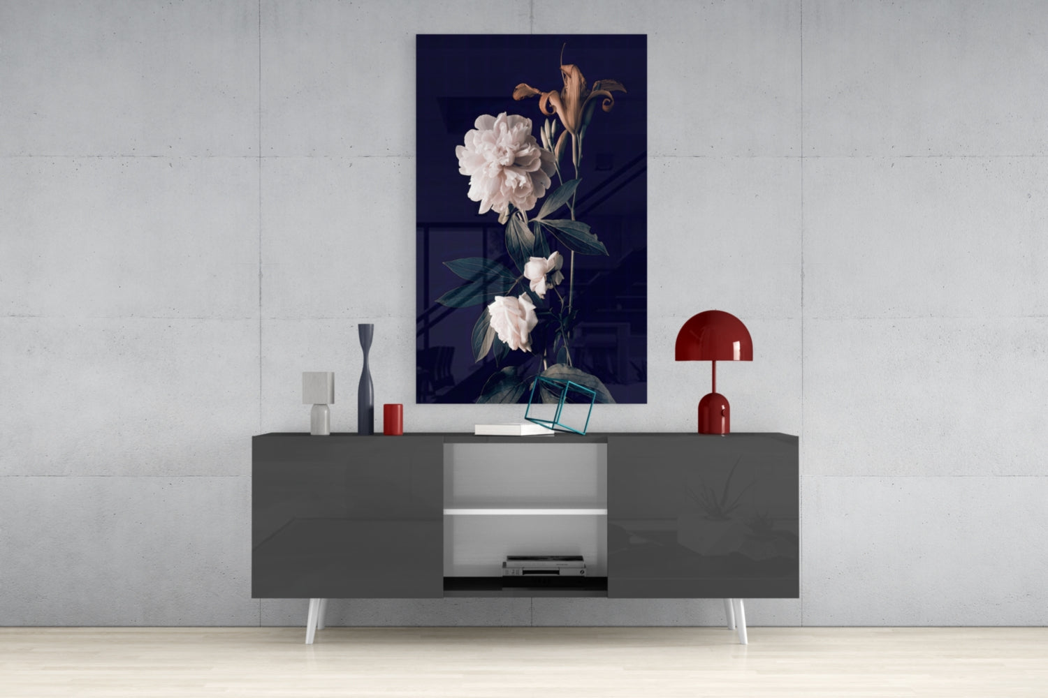 White Rose Glass Wall Art displayed above gray media console with dark navy background, flanked by red lamp and decorative objects.