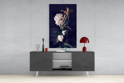 White Rose Glass Wall Art displayed above gray media console with dark navy background, flanked by red lamp and decorative objects.
