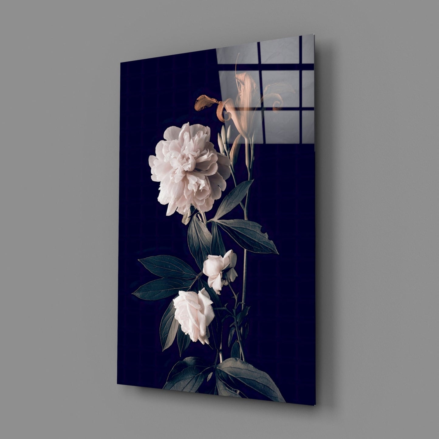 Angled view of white peonies with green stems on dark navy background glass panel with window grid overlay.