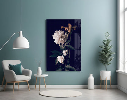 White Rose Glass Wall Art displayed on a muted teal wall above a white armchair in a minimalist room setting.