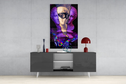 Modern glass wall art displaying purple-lit classical busts with neon circuitry and goggled central figure mounted above gray media console.