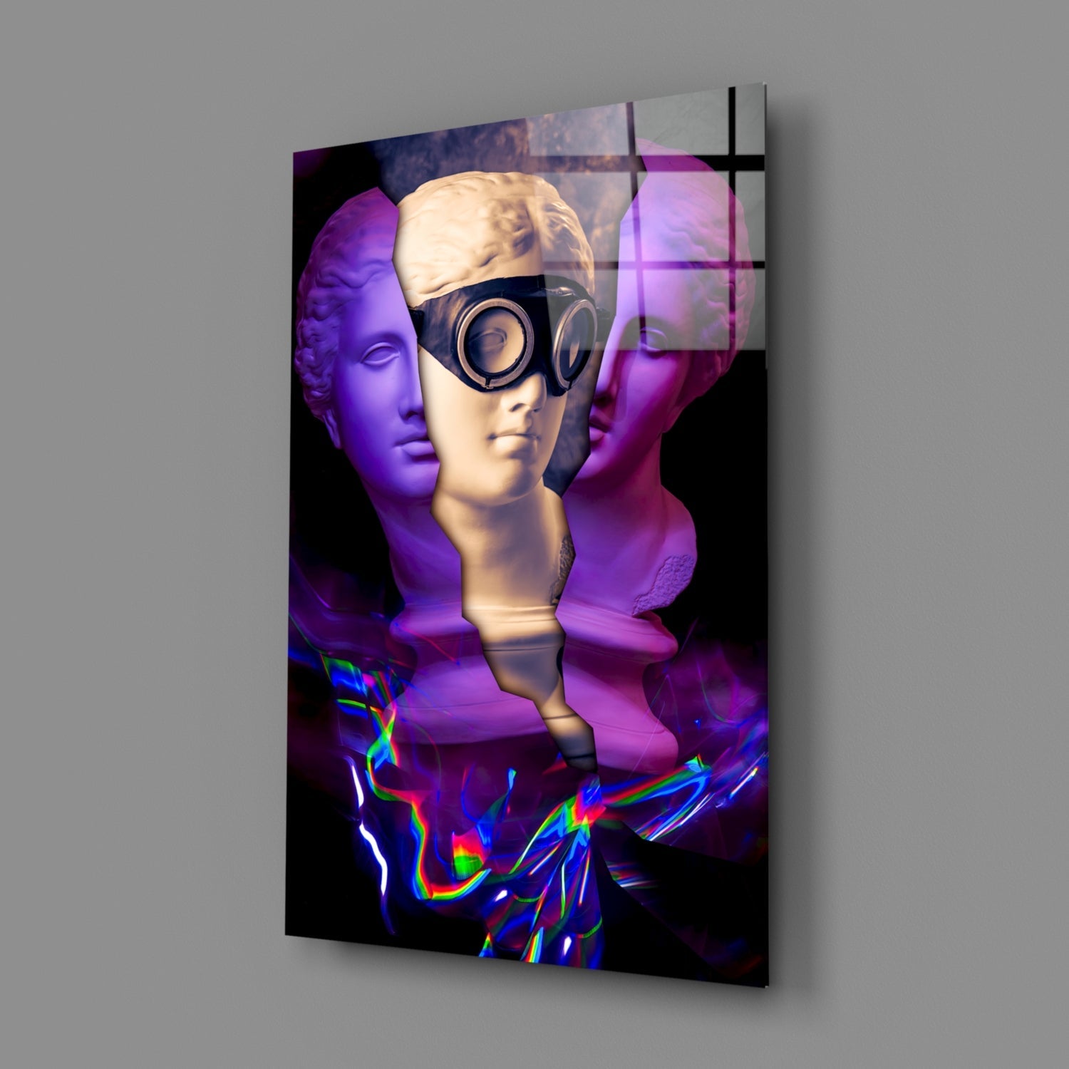 Classical bust sculptures with headphones, purple and cream tones, neon rainbow light effects at base, displayed against gray background.