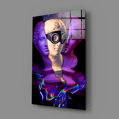 Classical bust sculptures with headphones, purple and cream tones, neon rainbow light effects at base, displayed against gray background.