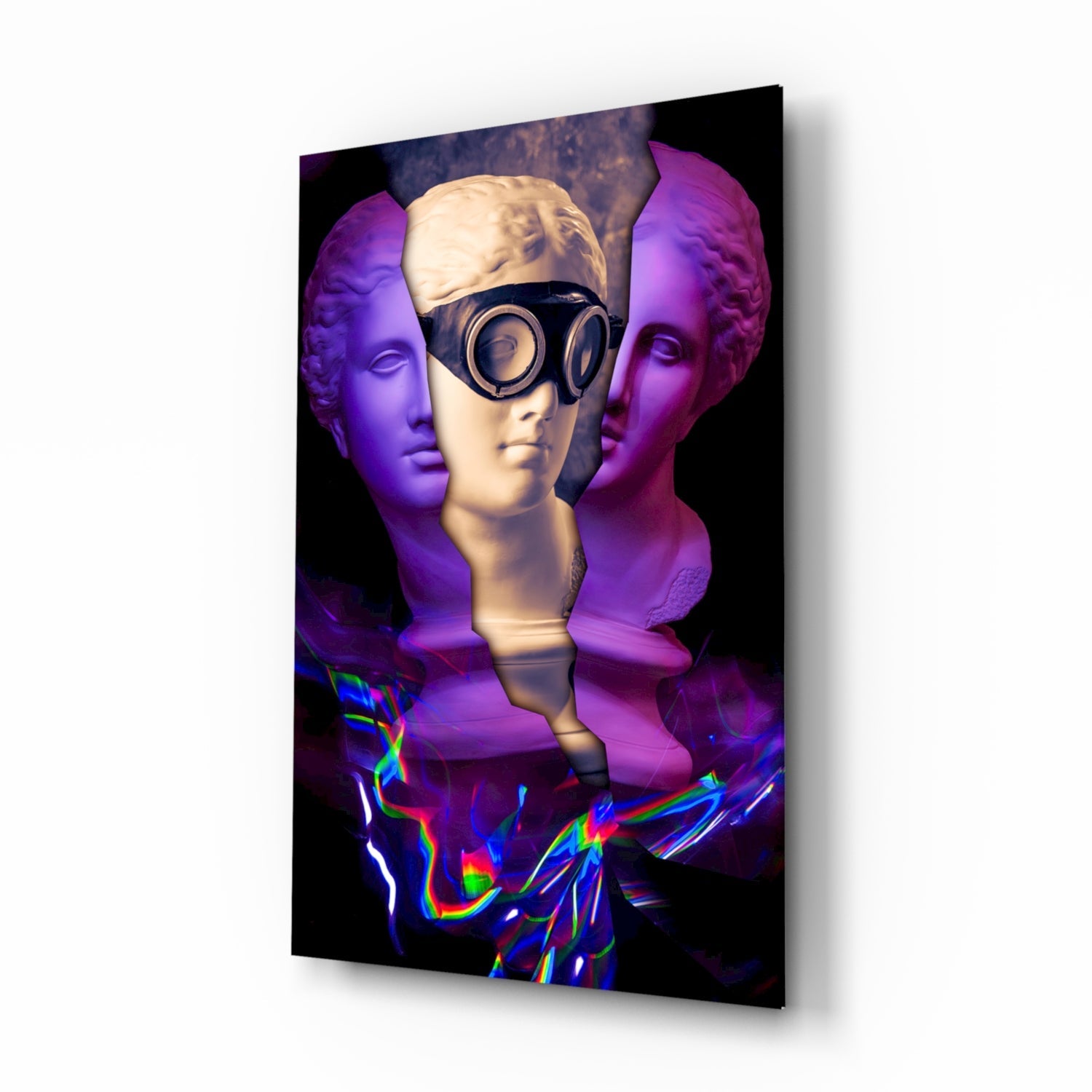 Three classical busts with purple and cream lighting, center figure wearing goggles, neon rainbow light effects at base.