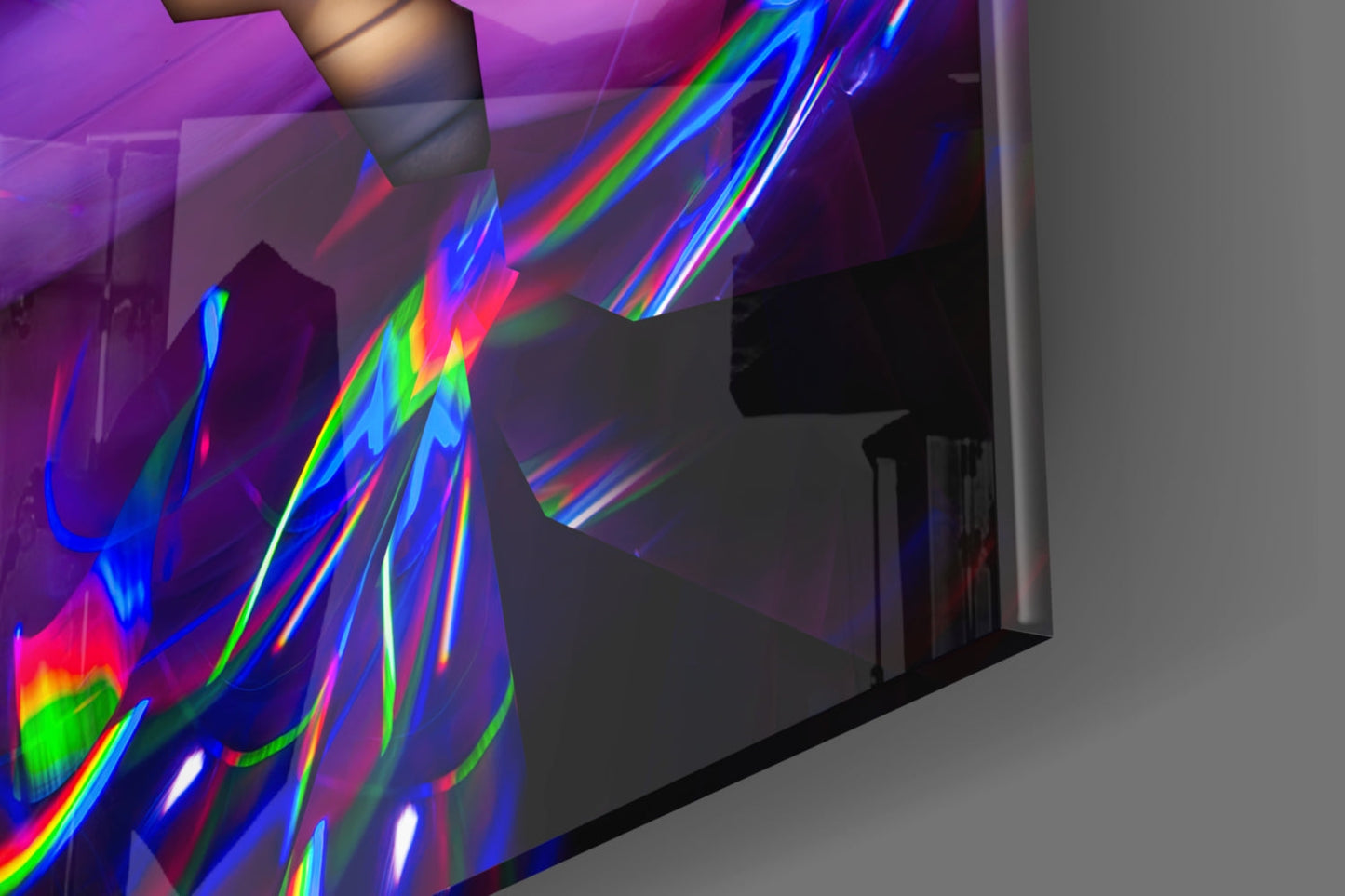 Colorful neon glass wall art casting vibrant rainbow light beams across purple-lit interior space.