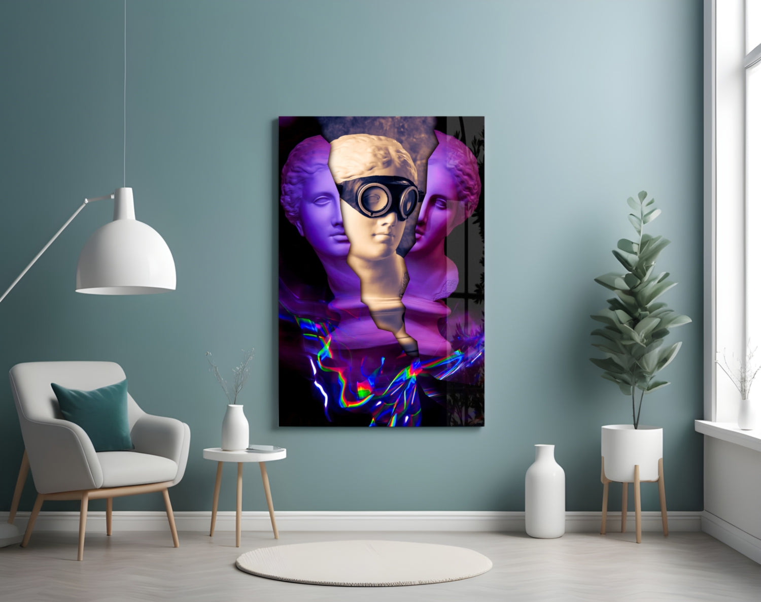 Modern glass wall art featuring three classical heads with purple and cream tones, goggles, and colorful neon-style lighting effects displayed in a contemporary room setting.