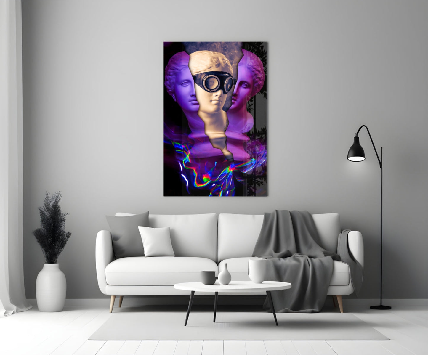 Modern sculpture glass wall art depicting three classical busts with purple lighting and colorful neon light effects displayed above a white sofa.