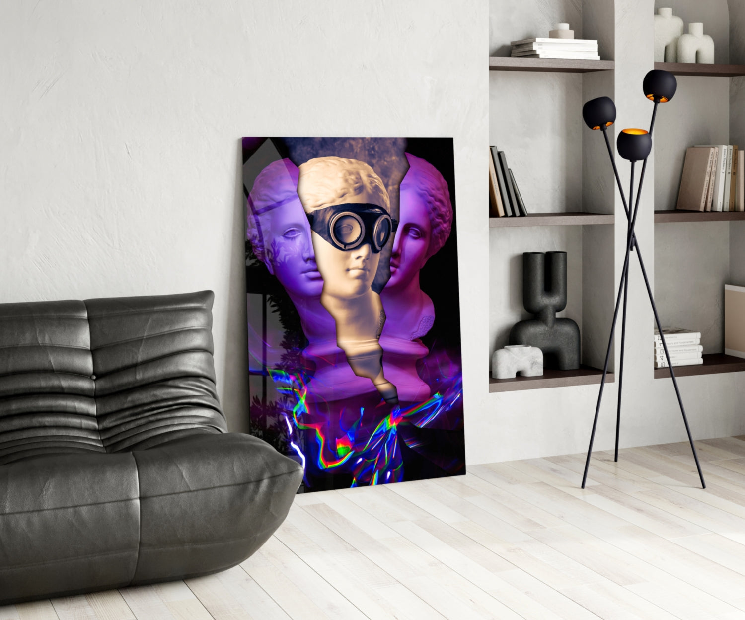 Modern glass wall art featuring three purple and cream sculptural heads with neon electric blue and rainbow effects displayed in contemporary living room setting.