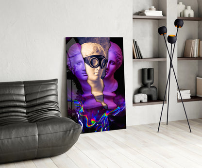 Modern glass wall art featuring three purple and cream sculptural heads with neon electric blue and rainbow effects displayed in contemporary living room setting.