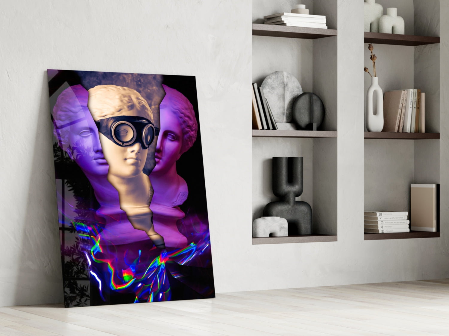Modern glass wall art featuring three colorful sculptural heads with purple lighting and neon elements leaning against white wall beside shelving.
