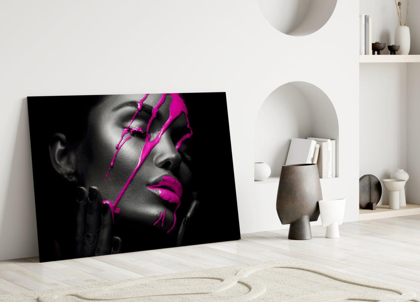 Black and white portrait with magenta neon geometric lines displayed as glass wall art in minimalist white interior setting.