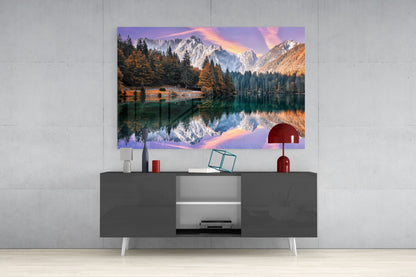 Purple Sky Alpine Lake Glass Wall Art
