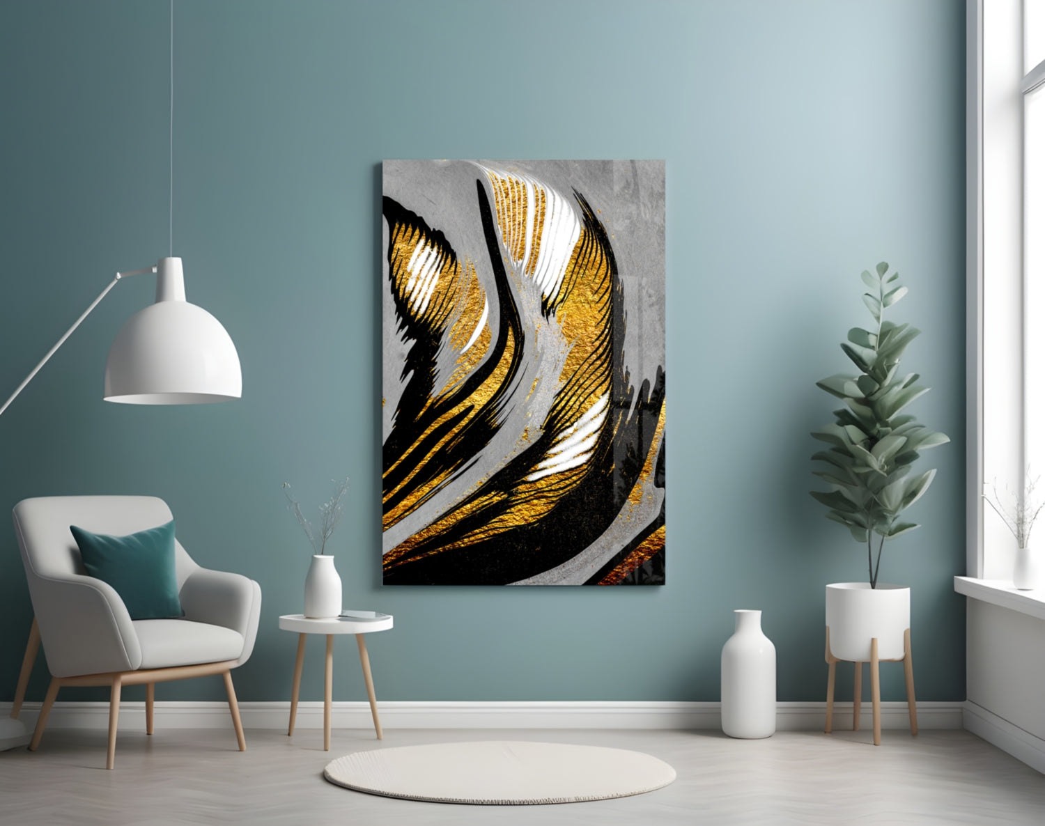 Golden Wings Glass Wall Art displaying black, white, and gold striped wing design mounted on teal bedroom wall above white chair.