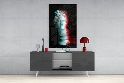 Red Cyan Glitch Apollo Head Glass Wall Art
