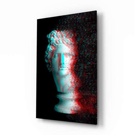 Classical marble bust with cyan and red glitch effect dispersing into particles against black background, displayed as glass wall art at angled perspective.