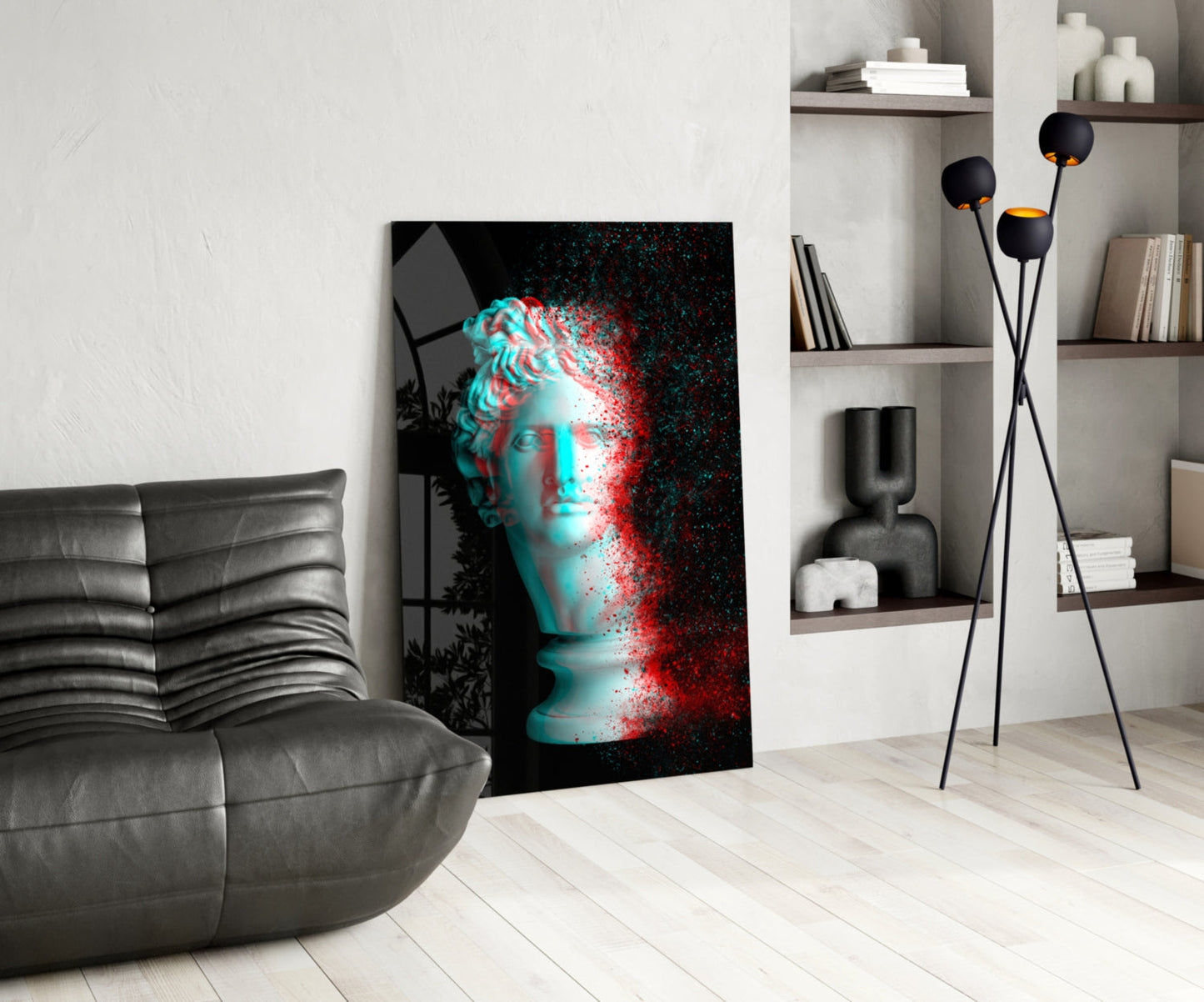 Red Cyan Glitch Apollo Head Glass Wall Art