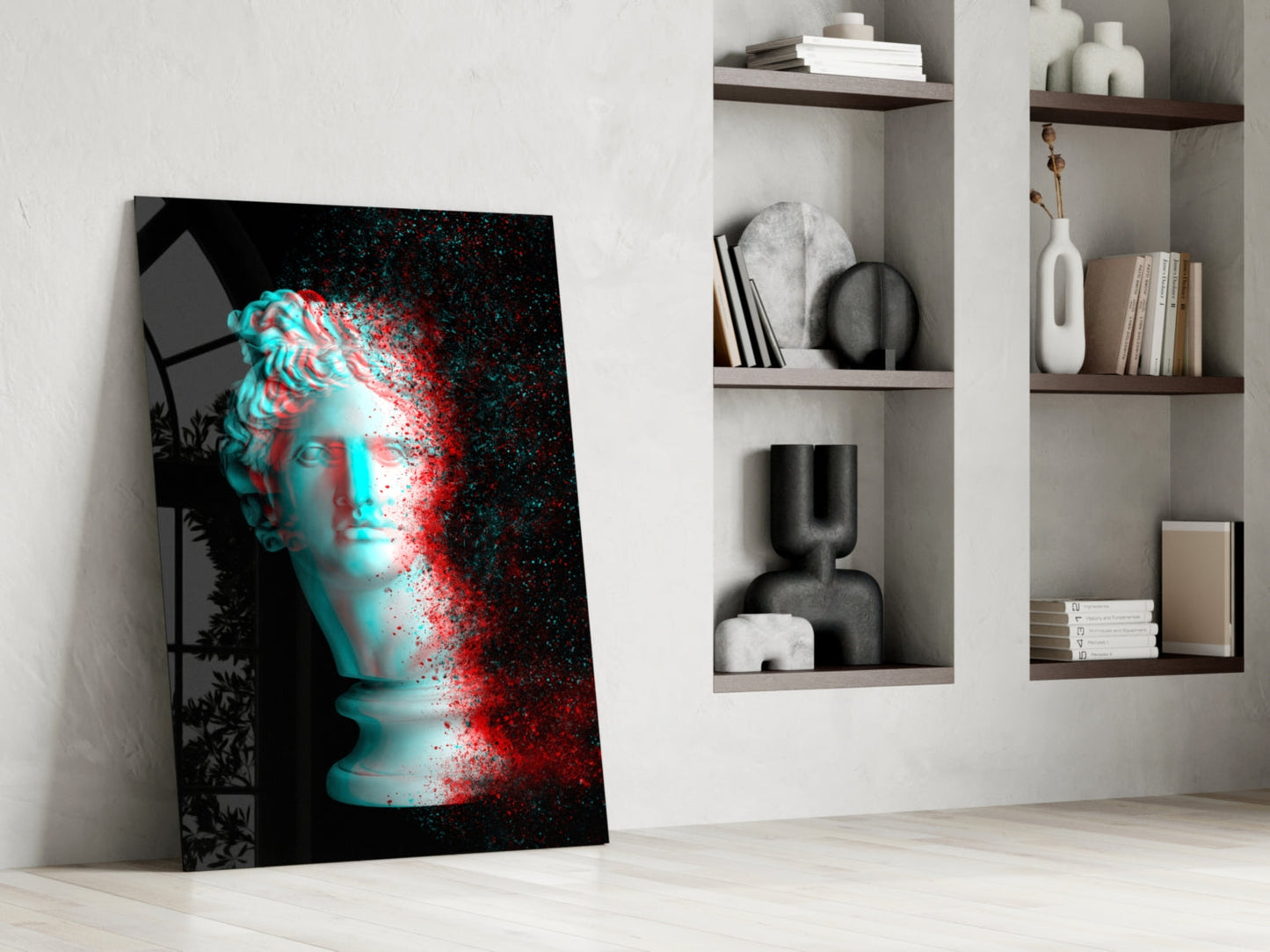 Red Cyan Glitch Apollo Head Glass Wall Art