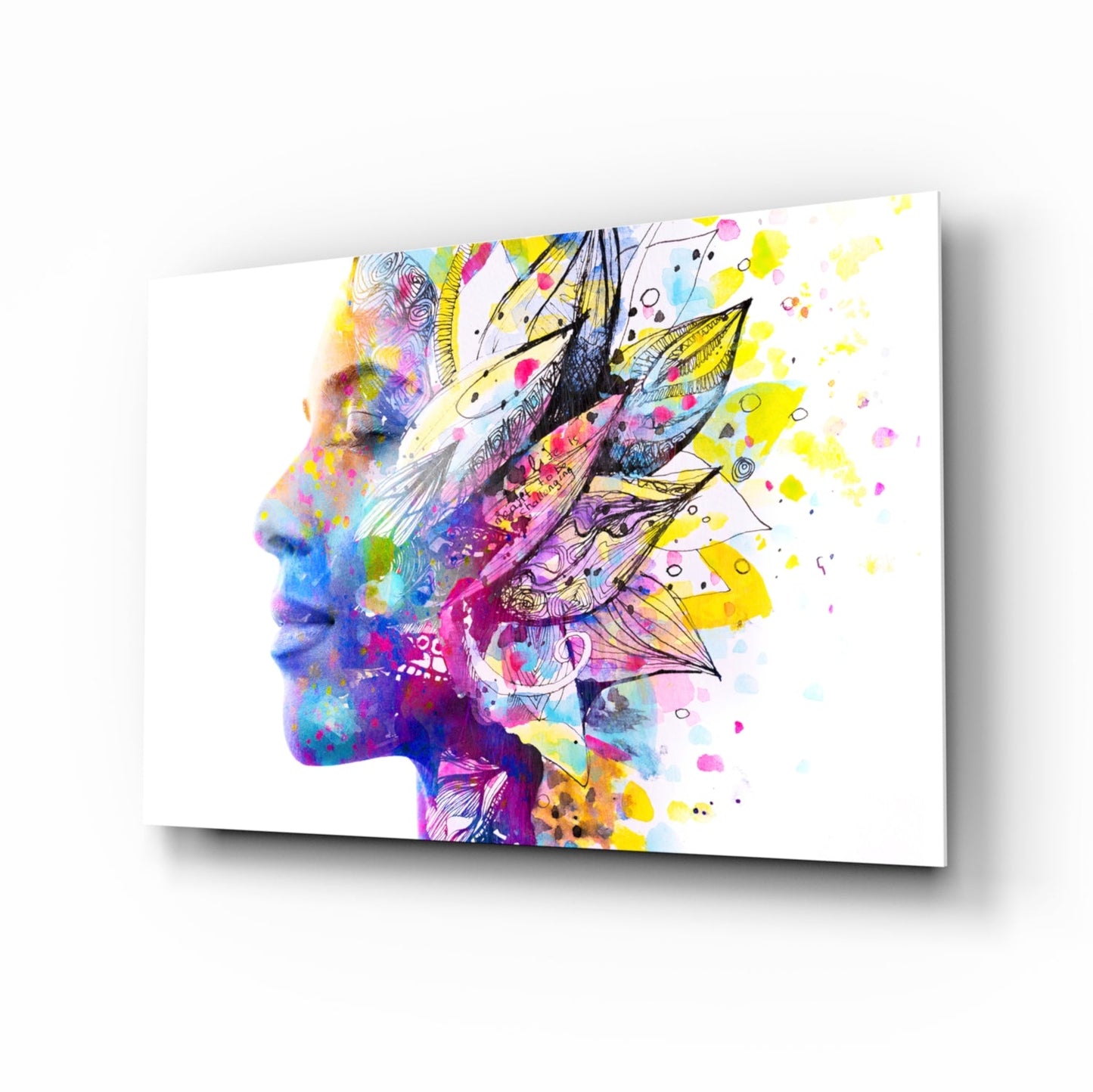 Watercolor Feather Bloom Face Profile Glass Wall Art