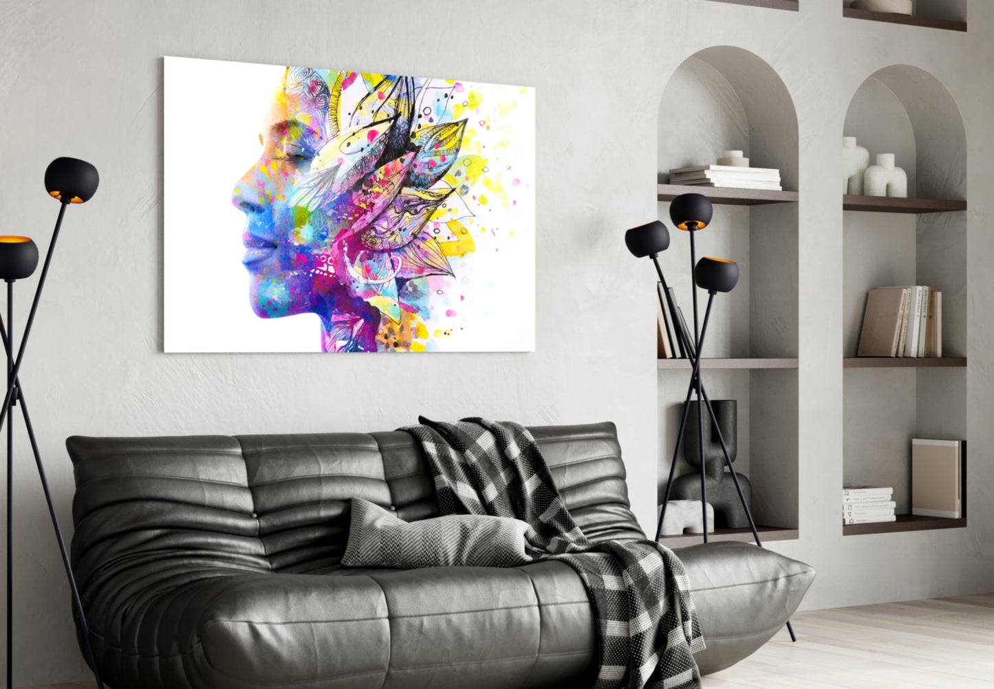 Watercolor Feather Bloom Face Profile Glass Wall Art