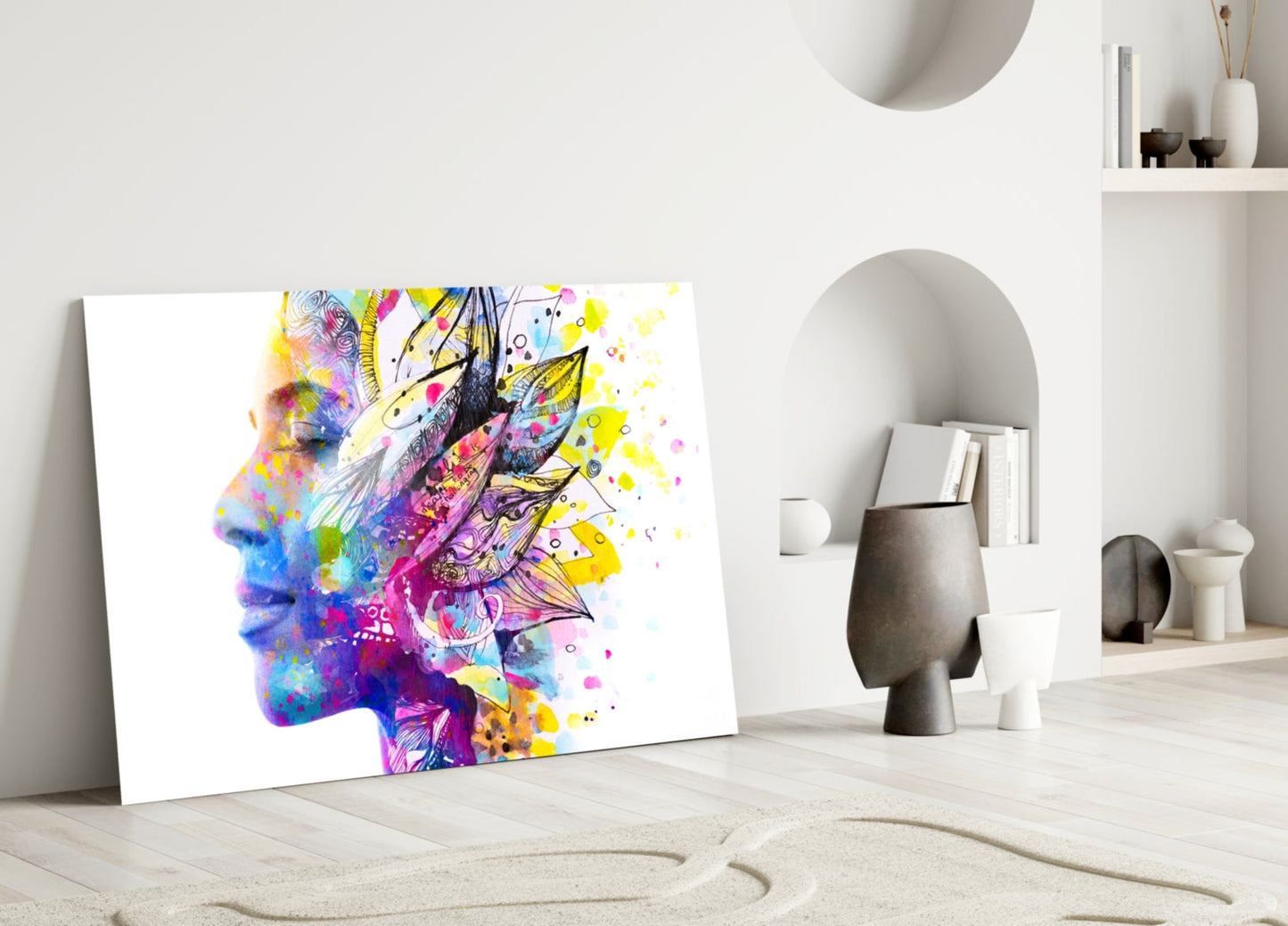 Watercolor Feather Bloom Face Profile Glass Wall Art