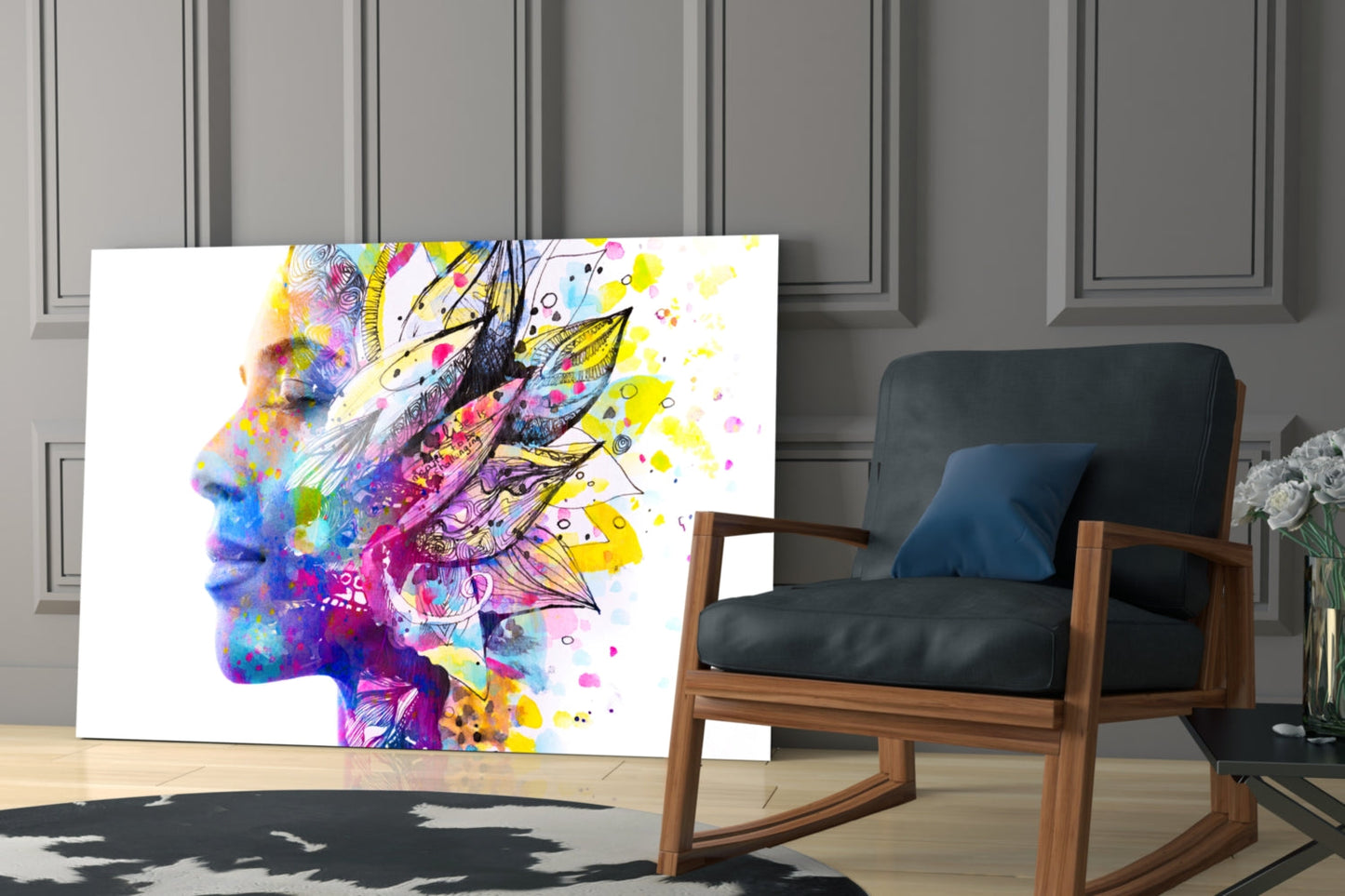 Watercolor Feather Bloom Face Profile Glass Wall Art