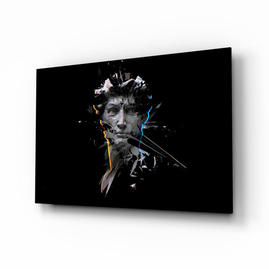 Black glass wall art displaying a shattered grayscale portrait with blue and orange accent lines on dark background.